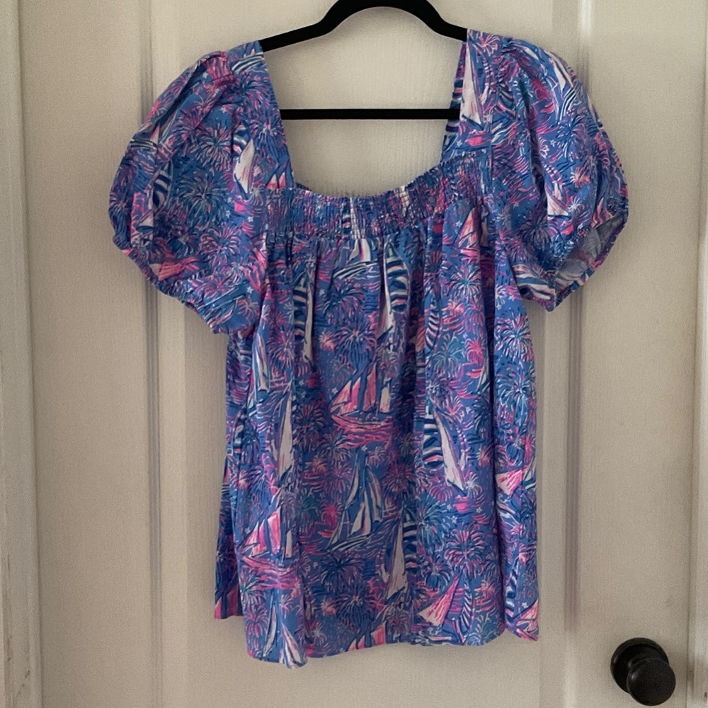 Lilly Pulitzer Keating Boca Blue Puff-Sleeve Women's Top